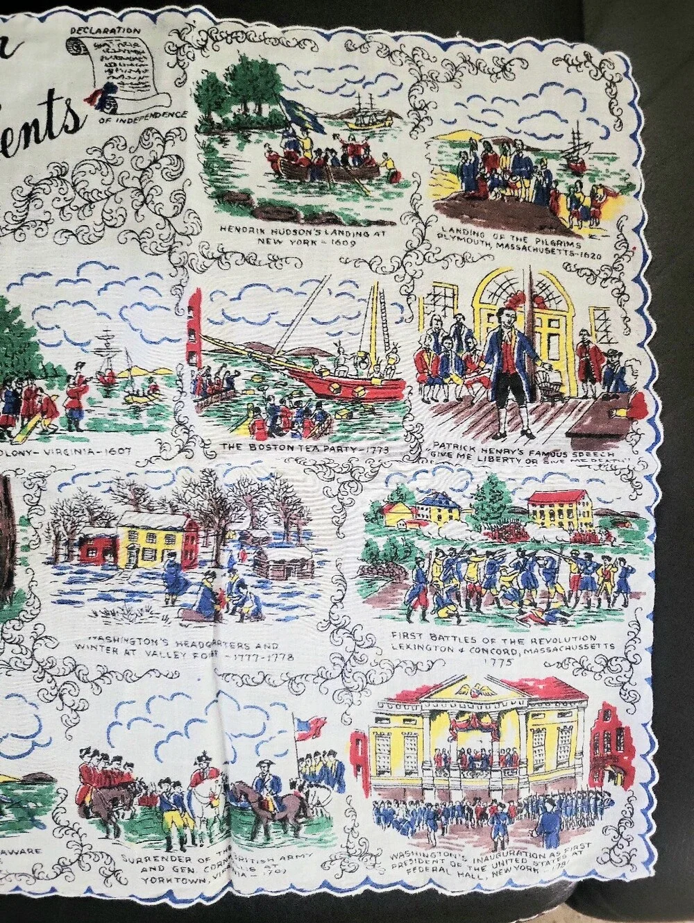 Vintage Early American Historical Events Souvenir Handkerchief